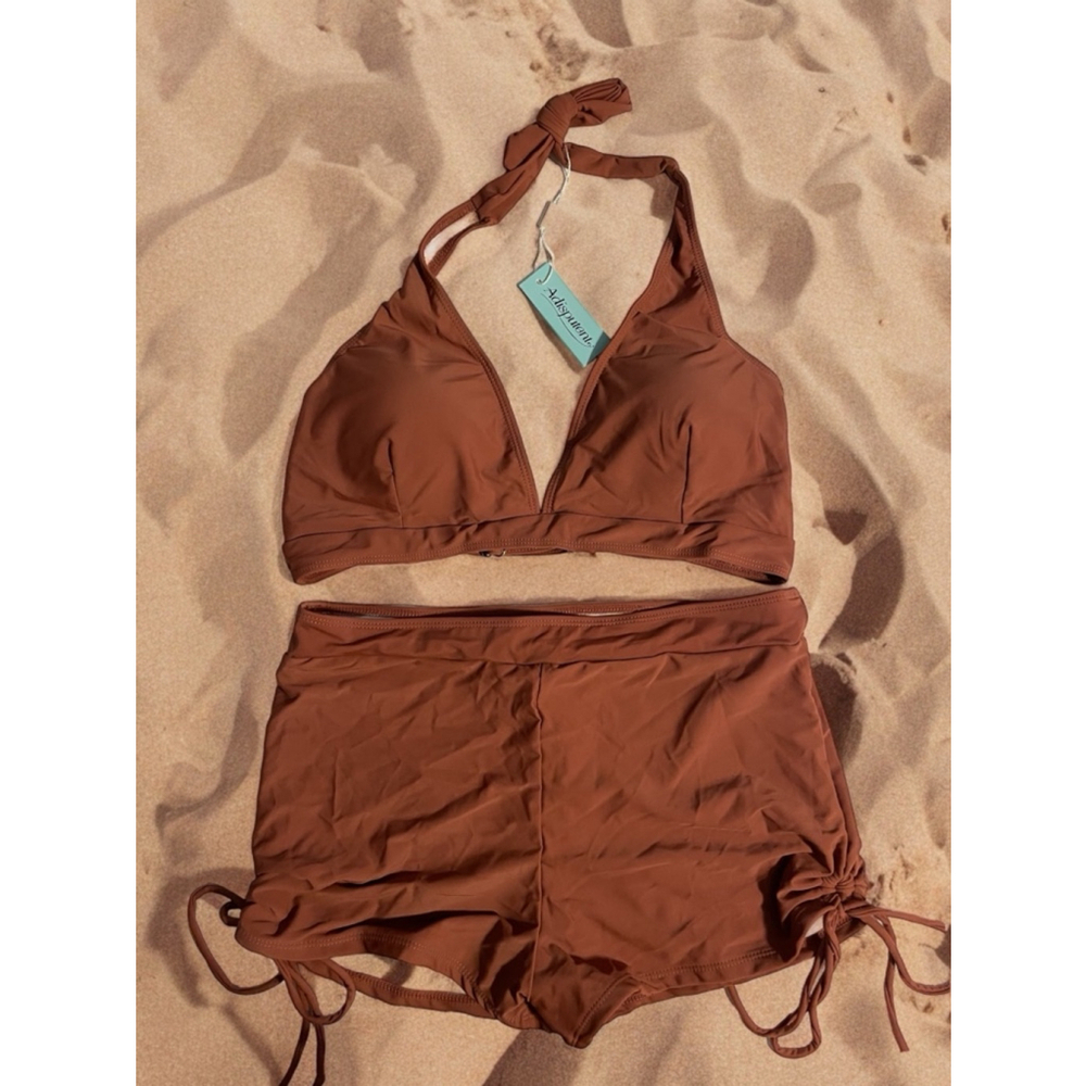 Women’s XL High Waisted 2 pc hotshot halter top Swimsuit Brown 20721 Vacation